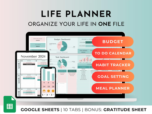 Google Sheets Life Planner | Budget  | To Do List | Task Tracker